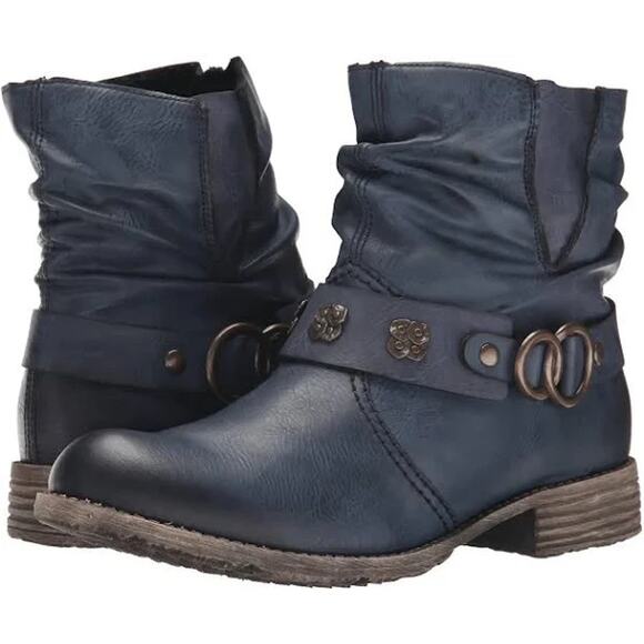 Rieker Blue Peggy 98 Wraparound Buckle Inside Zip 1" Heel Boot 42 10-10.5 US - Picture 1 of 8